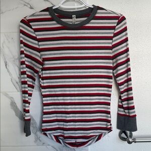 Free People Gray and Red Striped Knit Top